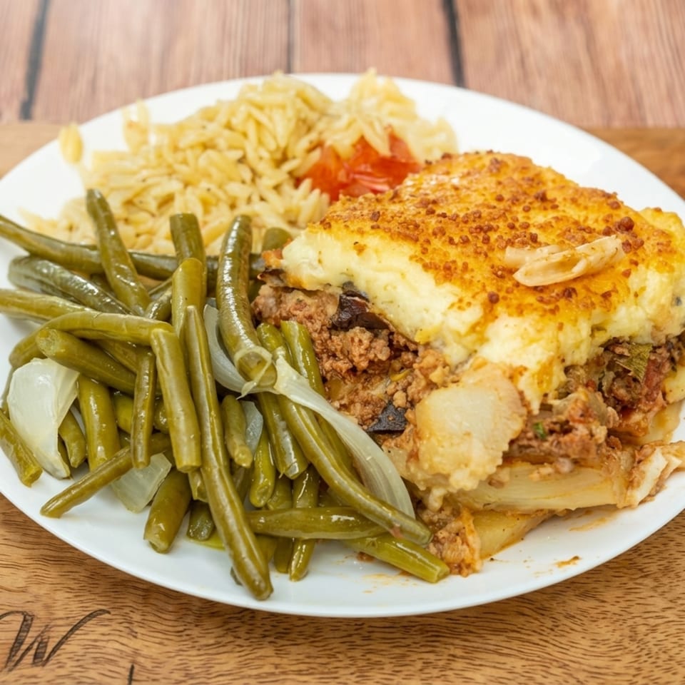 Moussaka with green beans and orzo pasta on a white plate, on a wooden table.