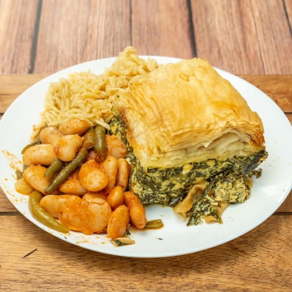 A plate of spanakopita, orzo, and baked beans with green beans on a wooden table.