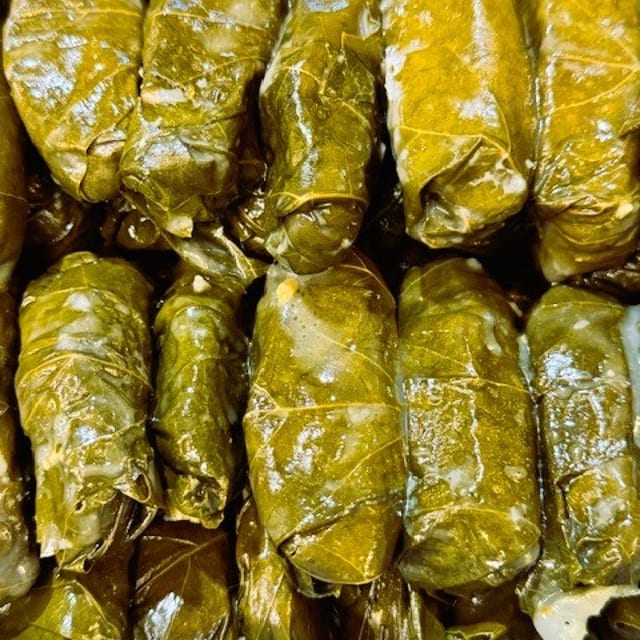 Dolma on Pita with Feta Cheese & Tzatziki.